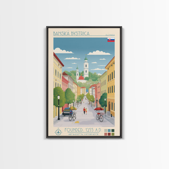 Banská Bystrica City in Slovakia Slovakia Travel Poster Framed Canvas Print, Midcentury Modern Art, Pop Art Wall Decor, Home Decor, Vacation Gift, Living Room Art