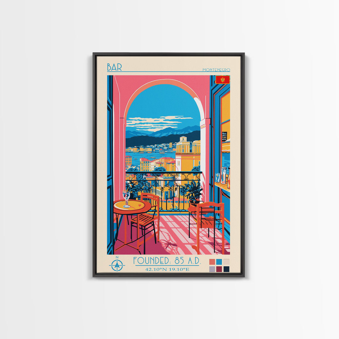 Bar Montenegro Travel Poster Framed Canvas Print, Midcentury Modern Art, Pop Art Wall Decor, Home Decor, Vacation Gift, Living Room Art
