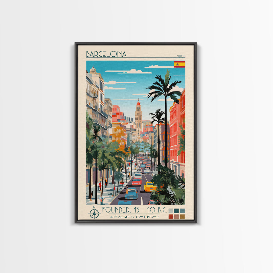 Barcelona Spain Travel Poster Framed Canvas Print, Midcentury Modern Art, Pop Art Wall Decor, Home Decor, Vacation Gift, Living Room Art