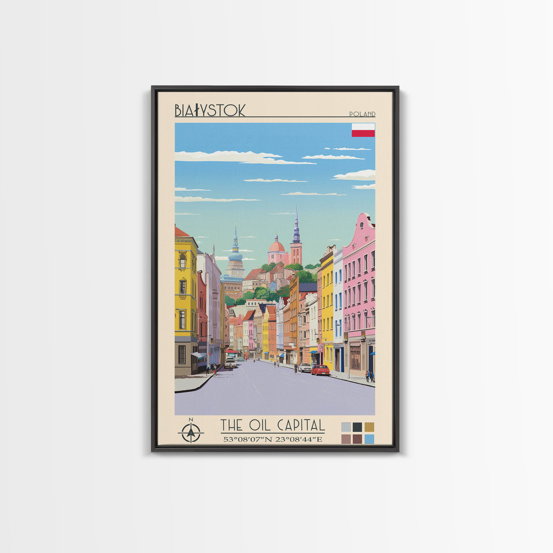 Białystok Poland Travel Poster Framed Canvas Print, Midcentury Modern Art, Pop Art Wall Decor, Home Decor, Vacation Gift, Living Room Art