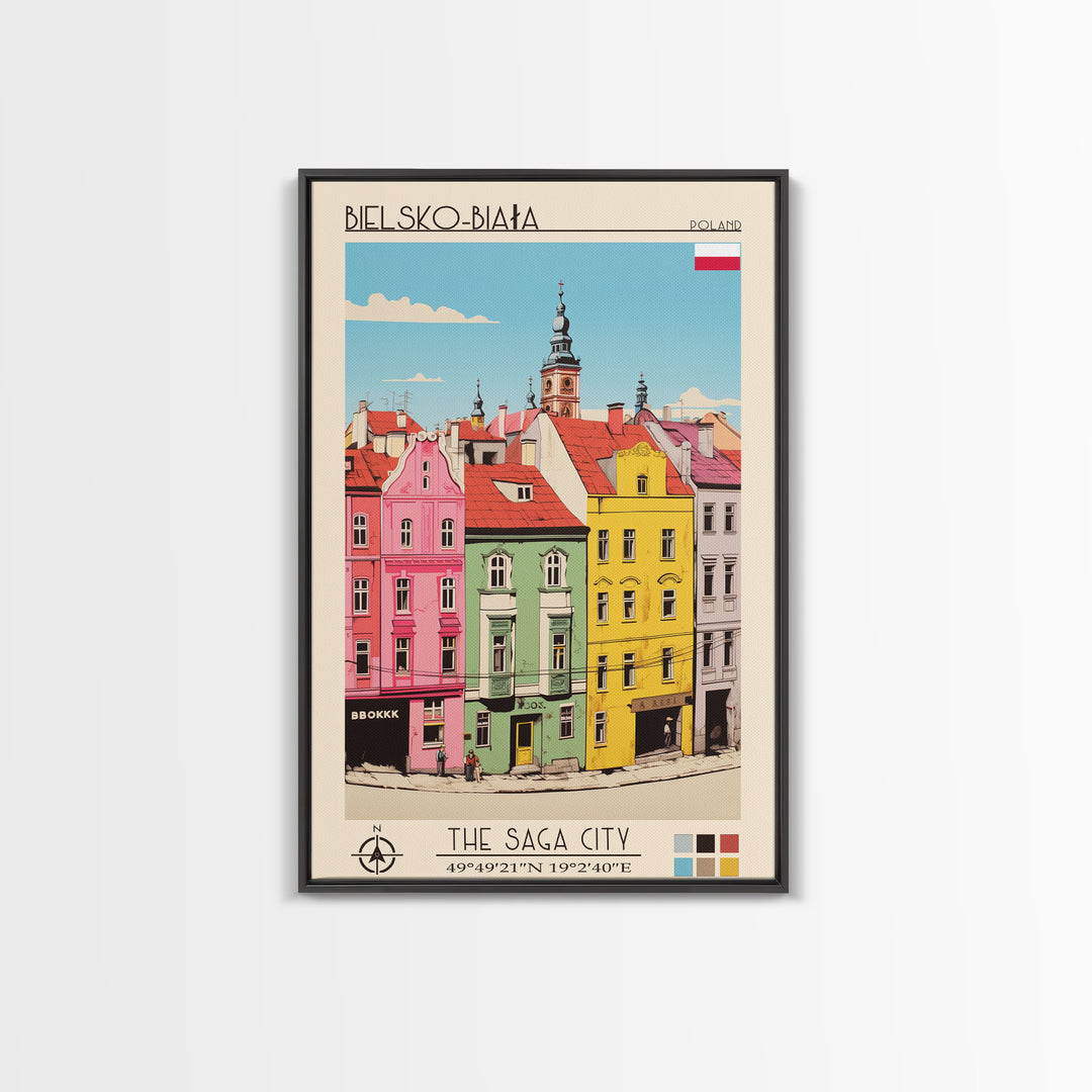 Bielsko-Biała Poland Travel Poster Framed Canvas Print, Vintage Style, Pop Art Home Decor, Scenic Wall Art, Living Room Decoration