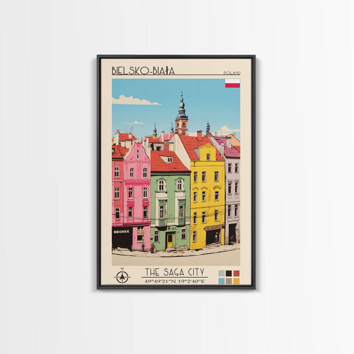 Bielsko-Biała Poland Travel Poster Framed Canvas Print, Vintage Style, Pop Art Home Decor, Scenic Wall Art, Living Room Decoration