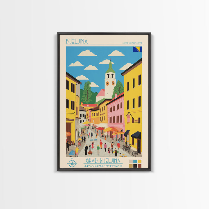 Bijeljina Bosnia Travel Poster Framed Canvas Print, Midcentury Modern Art, Pop Art Wall Decor, Home Decor, Living Room Art, Unique Gift