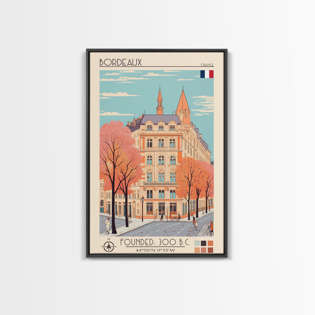 Bordeaux France Travel Poster Framed Canvas Print, Midcentury Modern Art, Pop Art Home Decor, Scenic Wall Art, Living Room Decoration