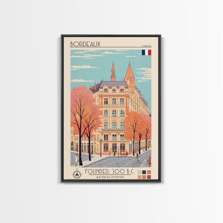 Bordeaux France Travel Poster Framed Canvas Print, Midcentury Modern Art, Pop Art Home Decor, Scenic Wall Art, Living Room Decoration