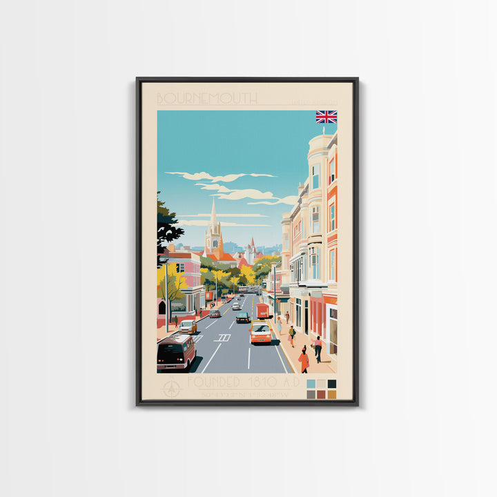 Bournemouth United Kingdom Travel Poster Framed Canvas Print, Midcentury Modern Art, Pop Art Wall Decor, Scenic Wall Art, Living Room Art