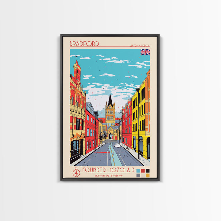 Bradford United Kingdom Travel Poster Framed Canvas Print, Midcentury Modern Art, Pop Art Wall Decor, Home Decor, Vacation Gift, Living Room Art