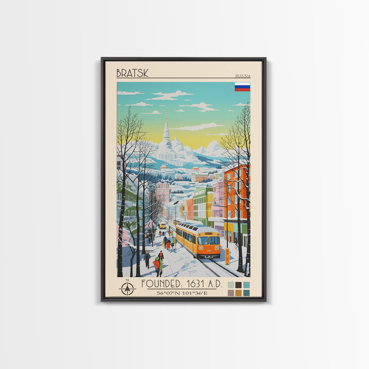 Bratsk Russia Travel Poster Framed Canvas Print, Midcentury Modern Art, Pop Art Wall Decor, Home Decor, Vacation Gift, Living Room Art