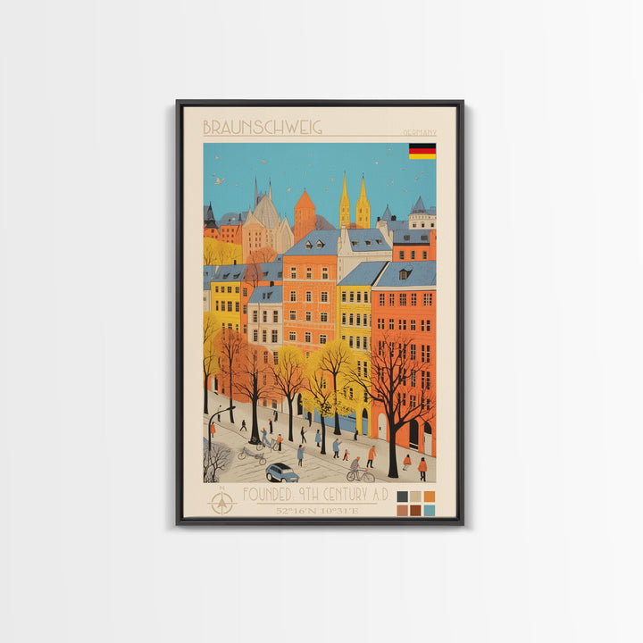 Braunschweig Germany Travel Poster Framed Canvas Print, Midcentury Modern Art, Pop Art Wall Decor, Scenic Wall Art, Home Decor, Living Room Art