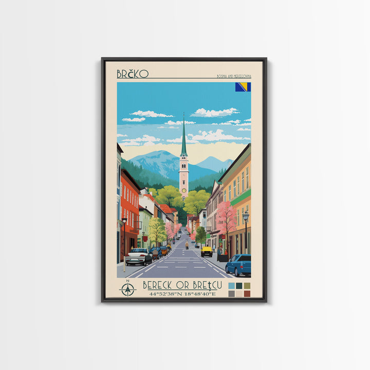 Brčko Bosnia and Herzegovina Travel Poster Framed Canvas Print, Midcentury Modern Art, Pop Art Wall Decor, Home Decor, Living Room Art