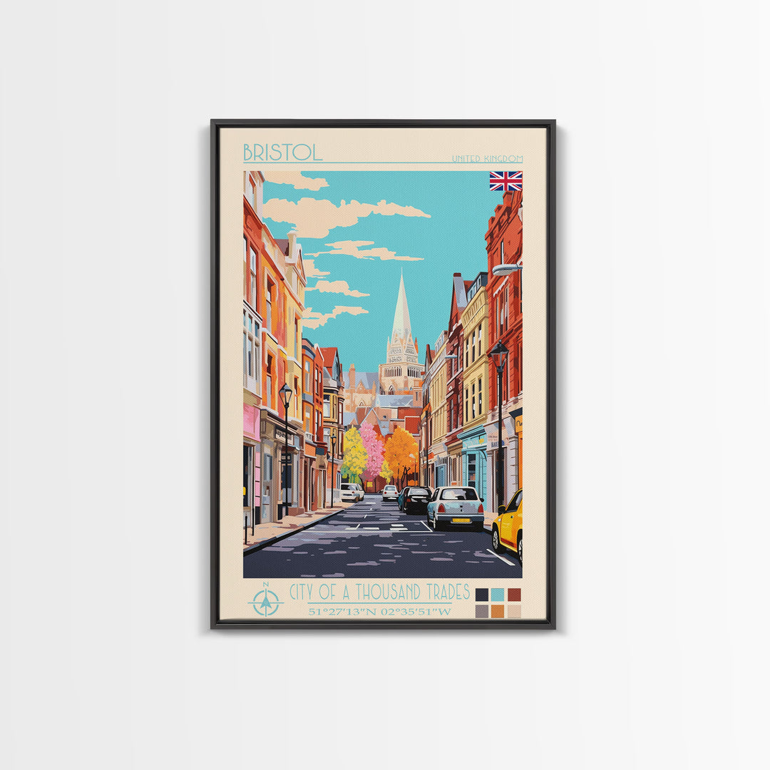 Bristol United Kingdom Travel Poster Framed Canvas Print, Midcentury Modern Art, Pop Art Wall Decor, Scenic Wall Art, Living Room Art