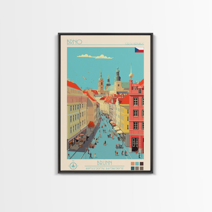 Brno Czech Republic Travel Poster Framed Canvas Print, Midcentury Modern Art, Pop Art Wall Decor, Home Decor, Vacation Gift, Living Room Art