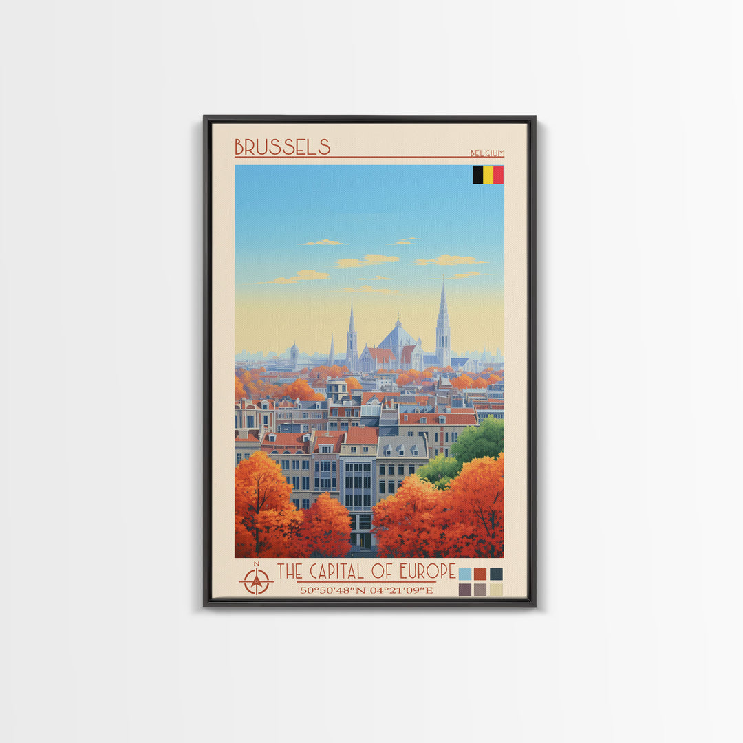 Brussels Belgium Travel Poster Framed Canvas Print, Midcentury Modern Art, Pop Art Wall Decor, Home Decor, Vacation Gift, Living Room Art