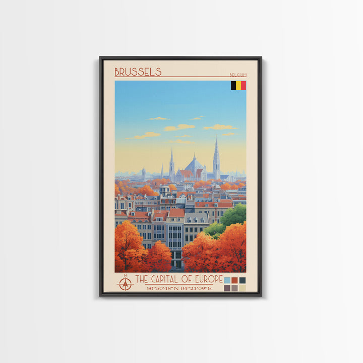 Brussels Belgium Travel Poster Framed Canvas Print, Midcentury Modern Art, Pop Art Wall Decor, Home Decor, Vacation Gift, Living Room Art