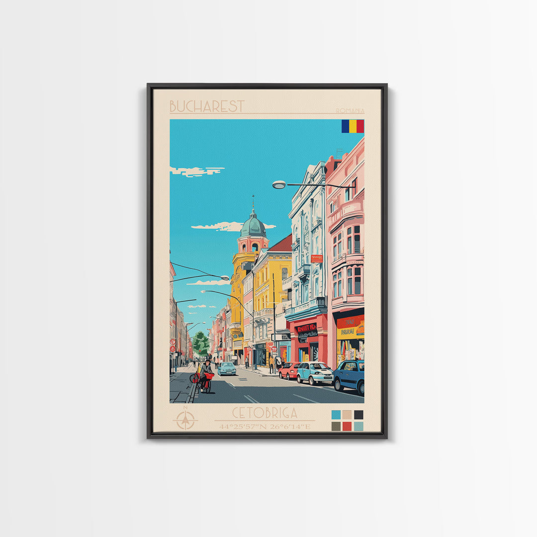 Bucharest Romania Travel Poster Framed Canvas Print, Midcentury Modern Art, Pop Art Wall Decor, Home Decor, Vacation Gift, Living Room Art