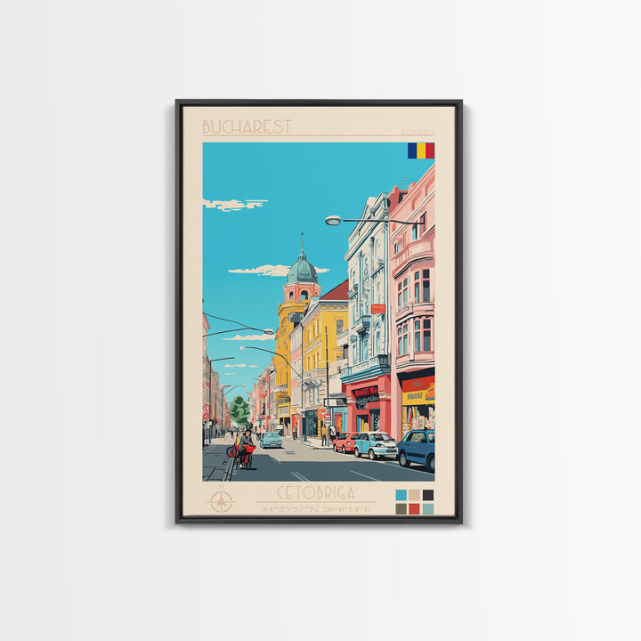 Bucharest Romania Travel Poster Framed Canvas Print, Midcentury Modern Art, Pop Art Wall Decor, Home Decor, Vacation Gift, Living Room Art