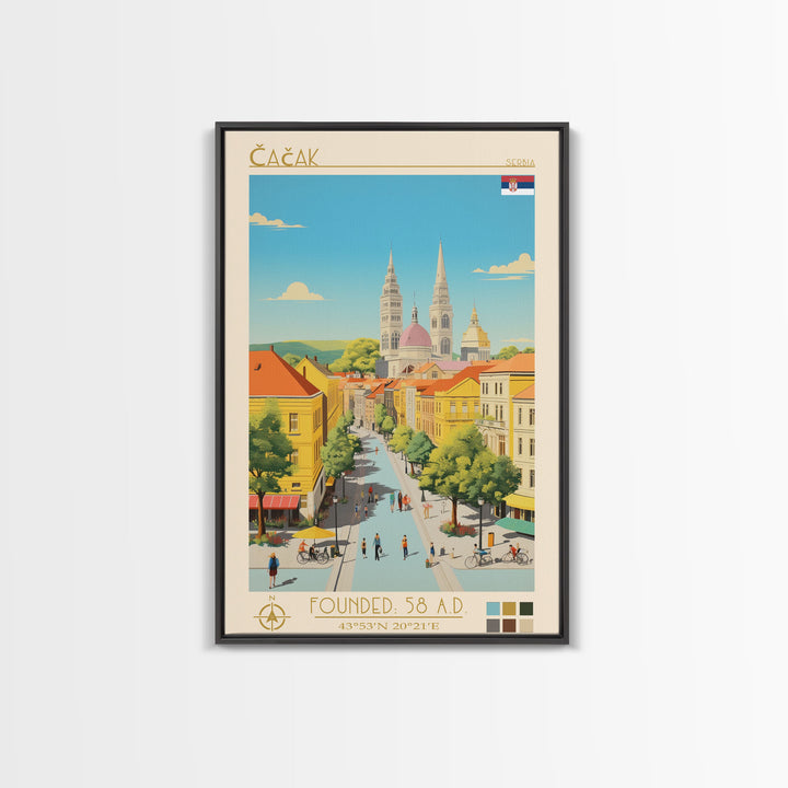 Čačak Serbia Travel Poster Framed Canvas Print, Midcentury Modern Art, Pop Art Wall Decor, Living Room Art, Scenic Wall Art