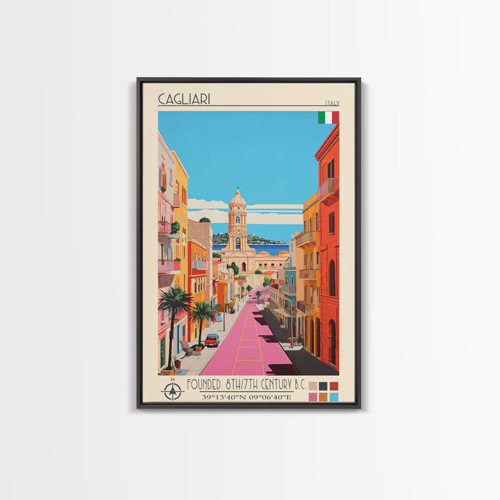 Cagliari Italy Travel Poster Framed Canvas Print, Midcentury Modern Art, Pop Art Wall Decor, Home Decor, Vacation Gift, Living Room Art