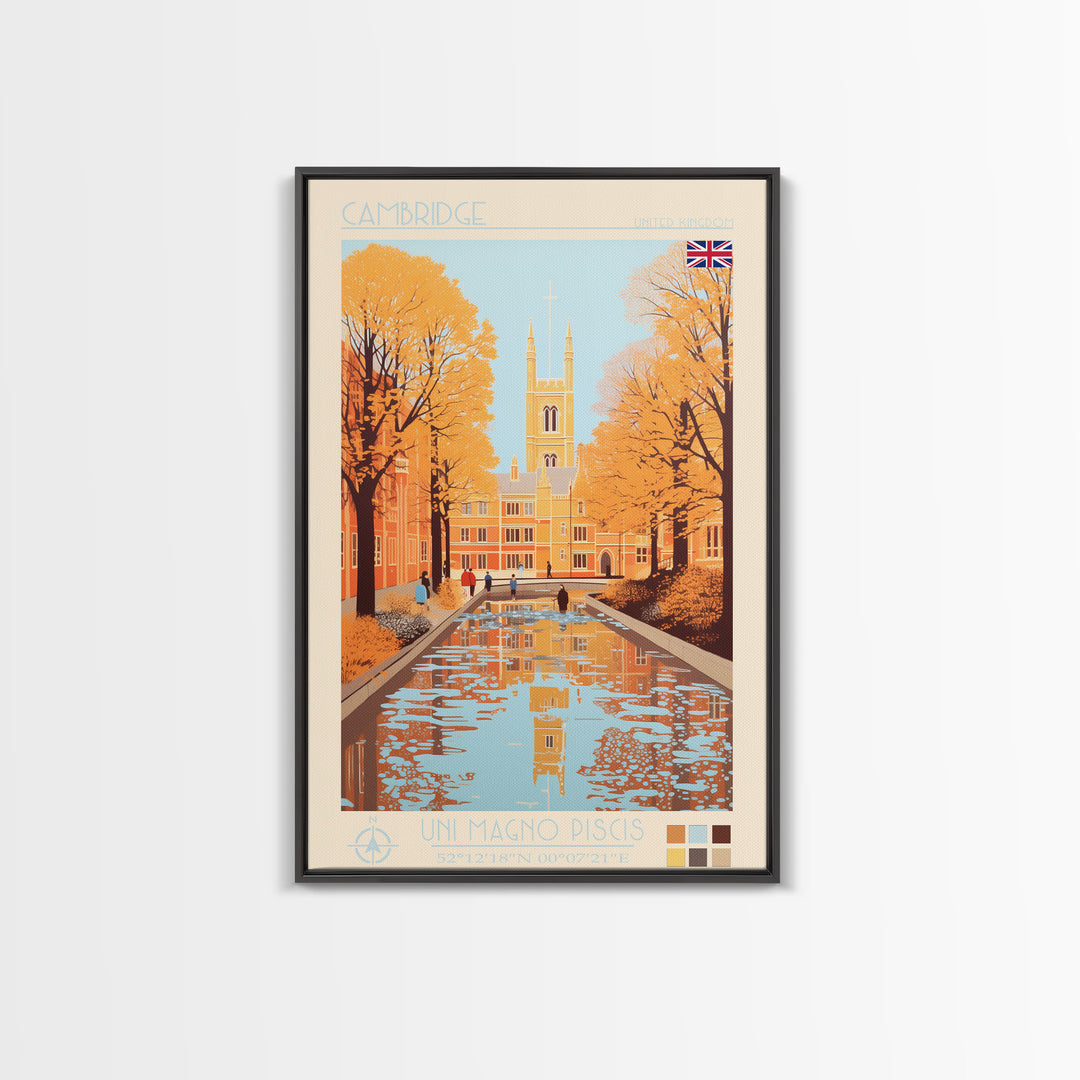Cambridge United Kingdom Travel Poster Framed Canvas Print, Midcentury Modern Art, Pop Art Wall Decor, Home Decor, Vacation Gift, Living Room Art