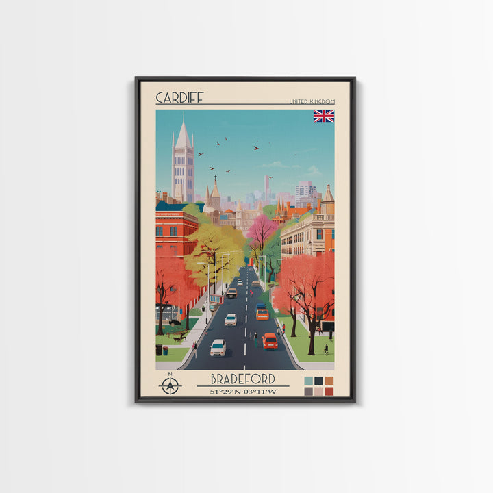Cardiff United Kingdom Travel Poster Framed Canvas Print, Midcentury Modern Art, Pop Art Wall Decor, Home Decor, Vacation Gift, Living Room Art
