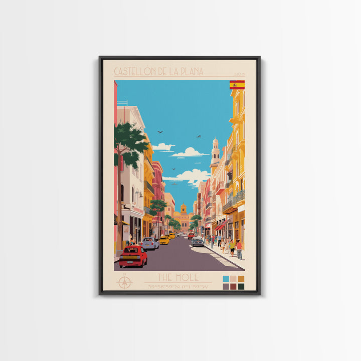 Castellón de la Plana Spain Travel Poster Framed Canvas Print, Midcentury Modern Art, Pop Art Wall Decor, Home Decor, Vacation Gift, Living Room Art