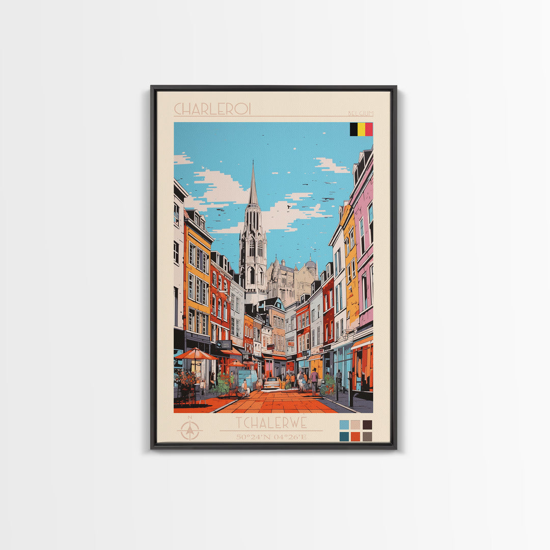 Charleroi Belgium Travel Poster Framed Canvas Print, Midcentury Modern Art, Pop Art Wall Decor, Home Decor, Vacation Gift, Living Room Art
