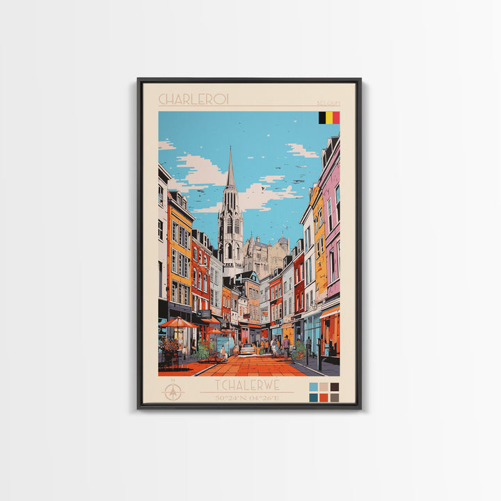Charleroi Belgium Travel Poster Framed Canvas Print, Midcentury Modern Art, Pop Art Wall Decor, Home Decor, Vacation Gift, Living Room Art