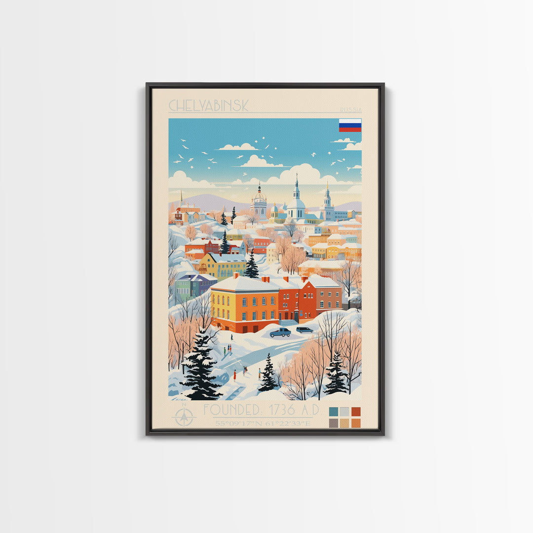 Chelyabinsk Russia Travel Poster Framed Canvas Print, Midcentury Modern Art, Pop Art Wall Decor, Home Decor, Vacation Gift, Living Room Art