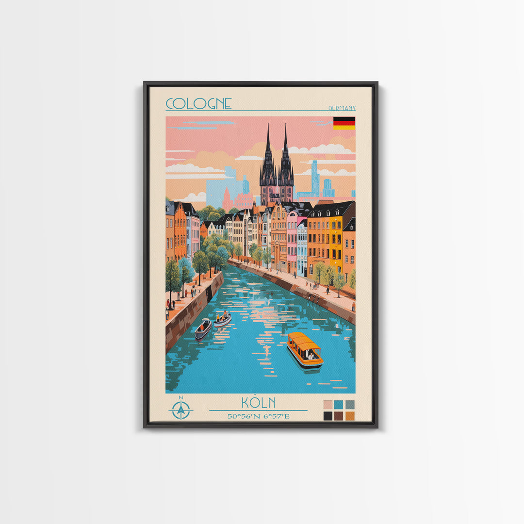 Cologne Germany Travel Poster Framed Canvas Print, Midcentury Modern Art, Pop Art Wall Decor, Scenic Wall Art, Living Room Art