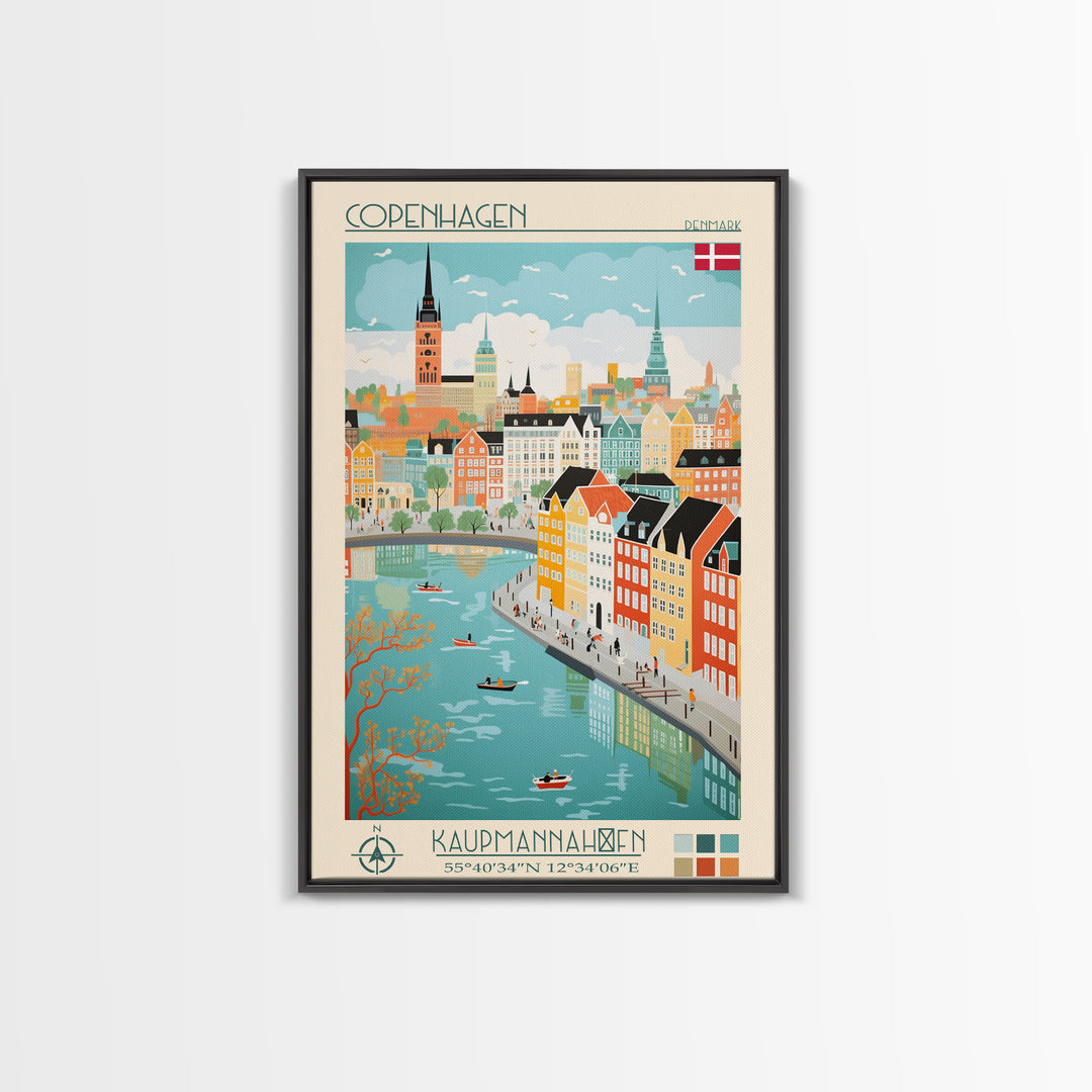 Copenhagen Denmark Travel Poster Framed Canvas Print, Vintage Style, Pop Art Home Decor, Scenic Wall Art, Living Room Decoration, Artistic Gift