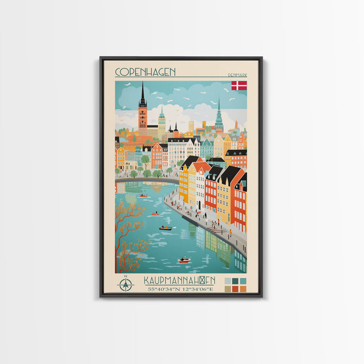 Copenhagen Denmark Travel Poster Framed Canvas Print, Vintage Style, Pop Art Home Decor, Scenic Wall Art, Living Room Decoration, Artistic Gift