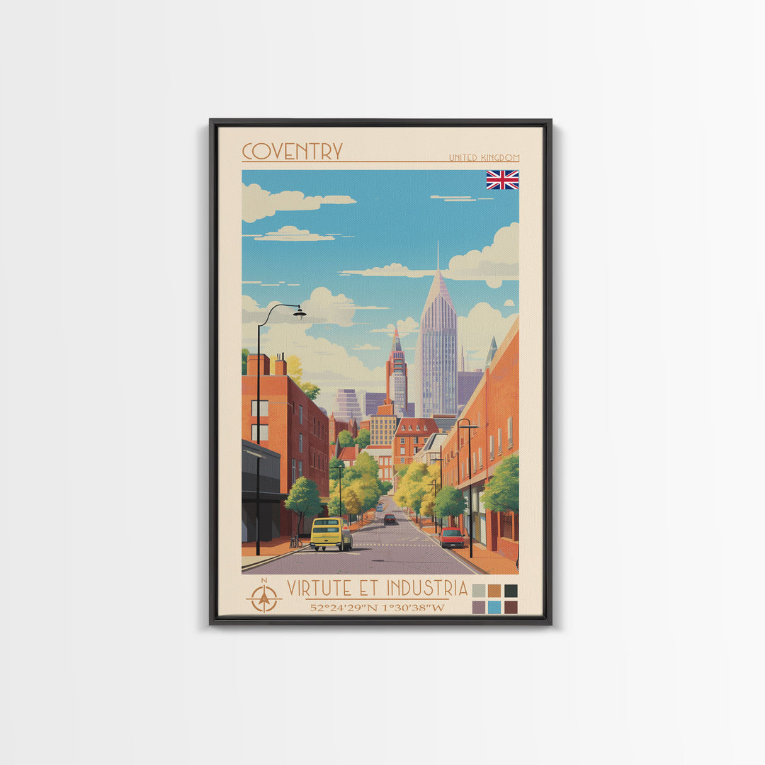 Coventry United Kingdom Travel Poster Framed Canvas Print, Midcentury Modern Art, Pop Art Wall Decor, Home Decor, Vacation Gift, Living Room Art