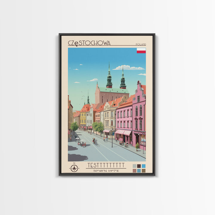 Częstochowa Poland Travel Poster Framed Canvas Print, Midcentury Modern Art, Pop Art Wall Decor, Home Decor, Vacation Gift, Living Room Art