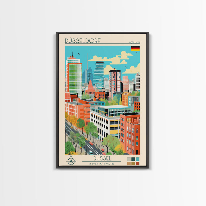Düsseldorf Germany Travel Poster Framed Canvas Print, Midcentury Modern Art, Pop Art Wall Decor, Home Decor, Vacation Gift, Office Art