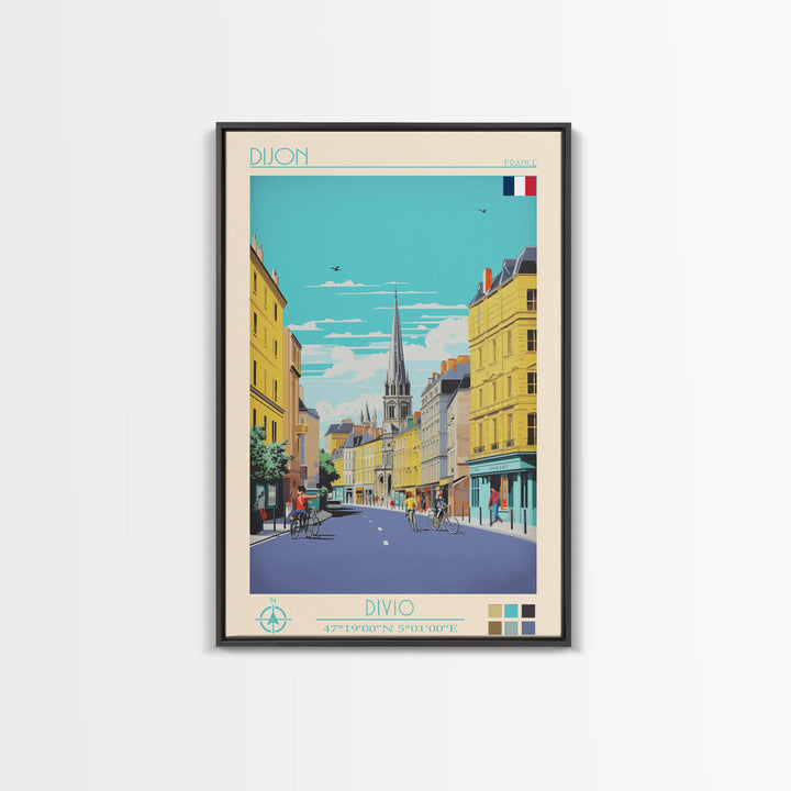 Dijon France Travel Poster Framed Canvas Print, Midcentury Modern Art, Pop Art Wall Decor, Home Decor, Vacation Gift, Living Room Art
