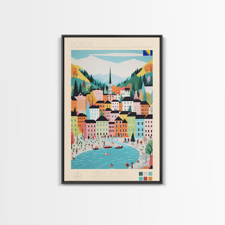 Doboj Bosnia and Herzegovina Travel Poster Framed Canvas Print, Midcentury Modern Art, Pop Art Wall Decor, Home Decor, Vacation Gift, Living Room Art