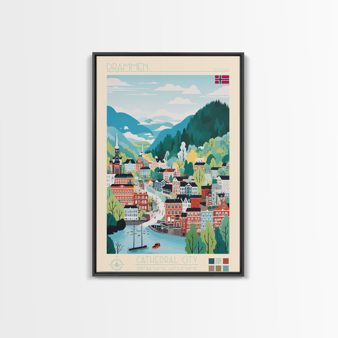 Drammen Norway Travel Poster Framed Canvas Print, Midcentury Modern Art, Pop Art Wall Decor, Home Decor, Vacation Gift, Living Room Art