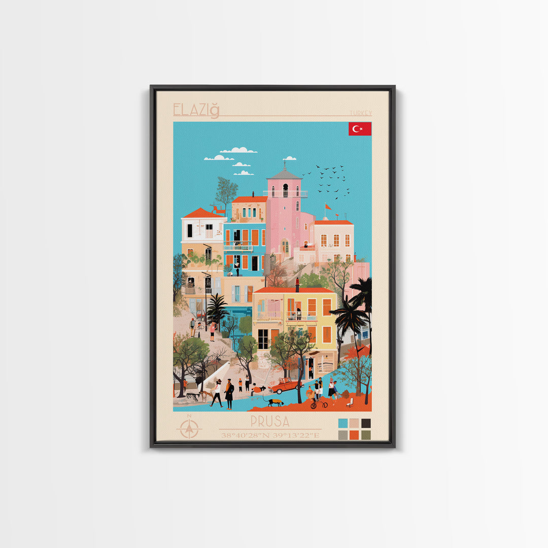Elâzığ Turkey Travel Poster Framed Canvas Print, Midcentury Modern Art, Pop Art Wall Decor, Scenic Wall Art, Living Room Decoration, Office Art