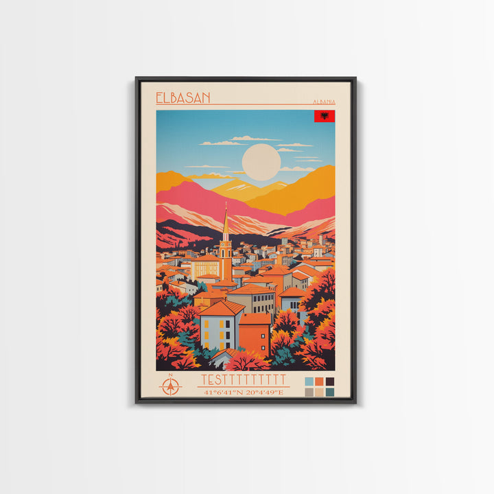 Elbasan Albania Travel Poster Framed Canvas Print, Midcentury Modern Art, Pop Art Wall Decor, Home Decor, Vacation Gift, Bedroom Art