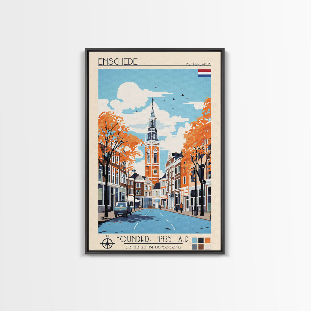 Enschede Netherlands Travel Poster Framed Canvas Print, Midcentury Modern Art, Pop Art Wall Decor, Scenic Wall Art, Bedroom Decoration