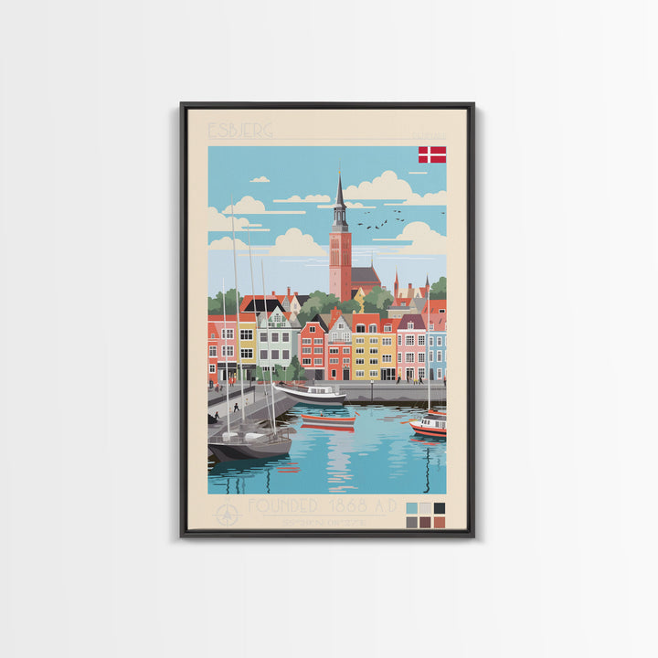 Esbjerg Denmark Travel Poster Framed Canvas Print, Midcentury Modern Art, Pop Art Wall Decor, Scenic Bedroom Art, Office Decoration