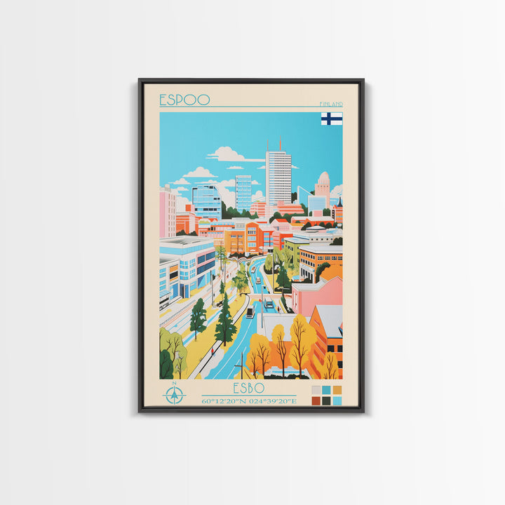 Espoo Finland Travel Poster Framed Canvas Print, Vintage Style, Pop Art Home Decor, Scenic Wall Art, Bedroom Decoration, Office Gift