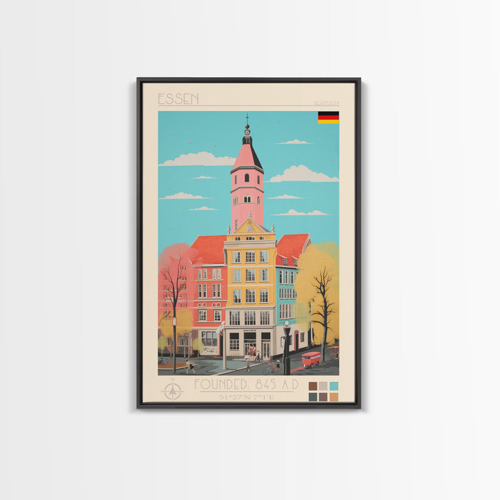 Essen Germany Travel Poster Framed Canvas Print, Midcentury Modern Art, Pop Art Wall Decor, Home Decor, Vacation Gift, Office Art