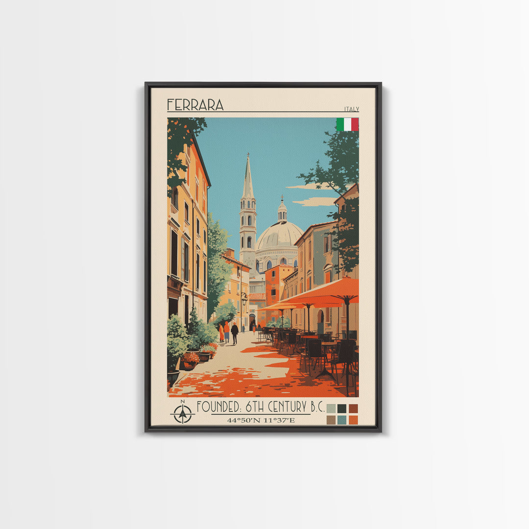 Ferrara Italy Travel Poster Framed Canvas Print, Midcentury Modern Art, Pop Art Wall Decor, Scenic Living Room Art, Bedroom Gift