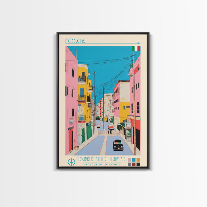 Foggia Italy Travel Poster Framed Canvas Print, Midcentury Modern Art, Pop Art Wall Decor, Home Decor, Vacation Gift, Bedroom Art