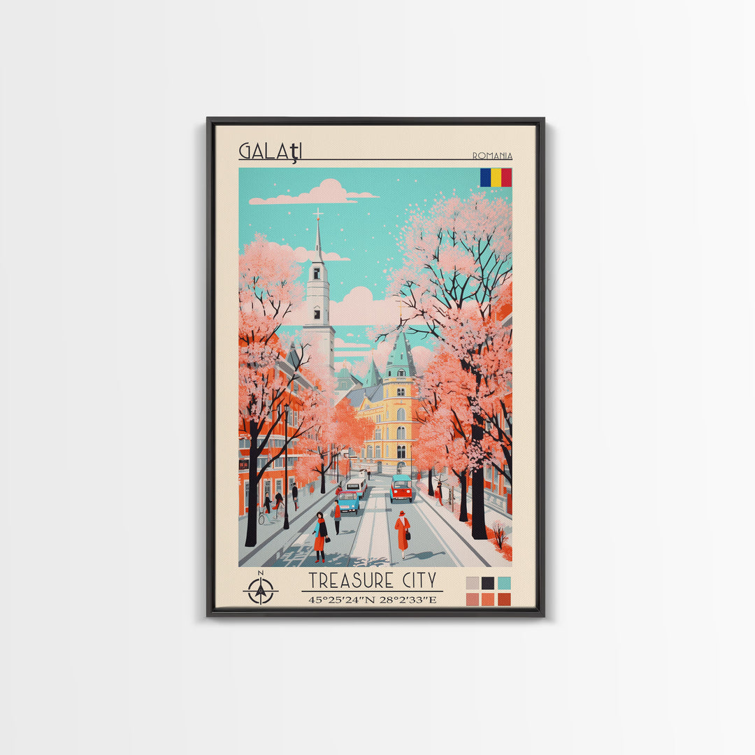 Galați Romania Travel Poster Framed Canvas Print, Midcentury Modern Art, Pop Art Wall Decor, Scenic Wall Art, Bedroom Decoration, Office Art