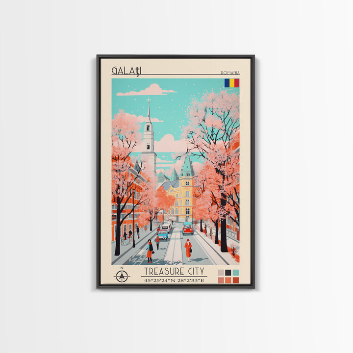 Galați Romania Travel Poster Framed Canvas Print, Midcentury Modern Art, Pop Art Wall Decor, Scenic Wall Art, Bedroom Decoration, Office Art