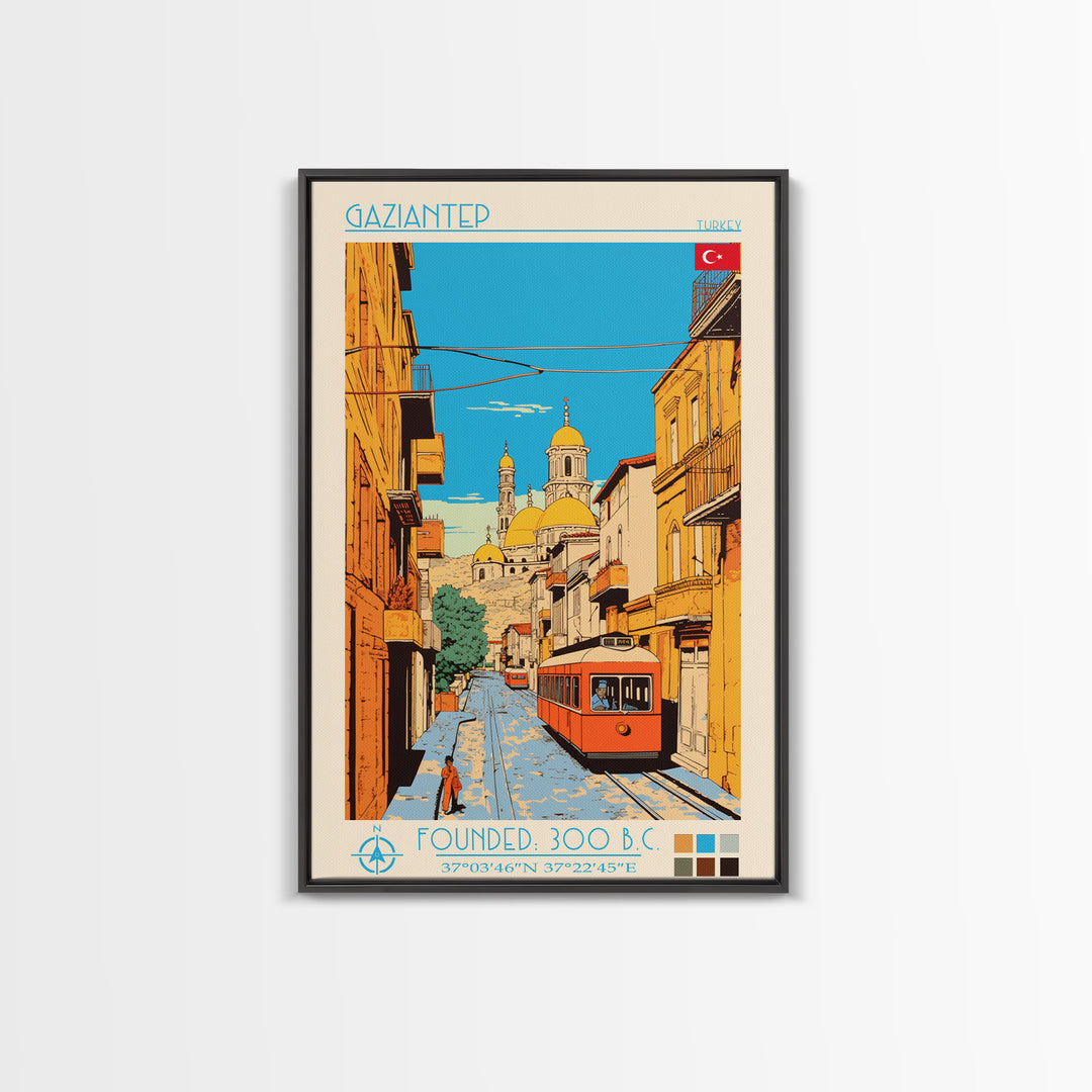 Gaziantep Turkey Travel Poster Framed Canvas Print, Midcentury Modern Art, Pop Art Wall Decor, Scenic Living Room Art, Bedroom Decor