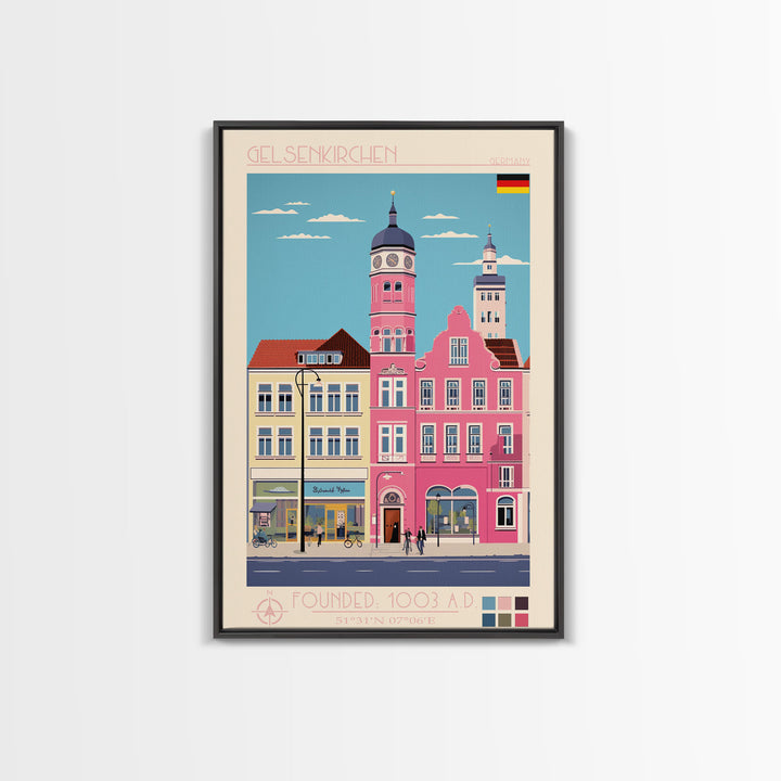 Gelsenkirchen Germany Travel Poster Framed Canvas Print, Midcentury Modern Art, Pop Art Wall Decor, Scenic Living Room Art, Bedroom Gift