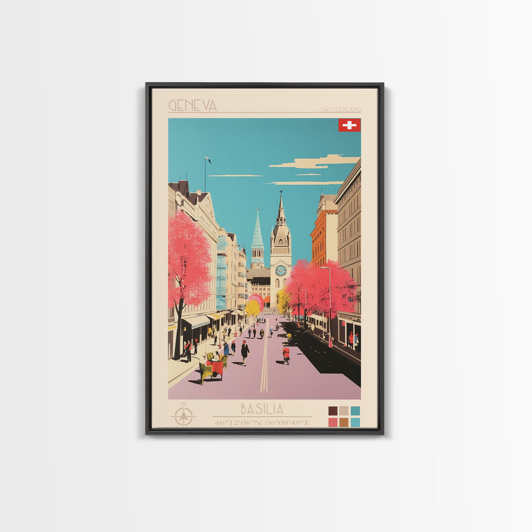 Geneva Switzerland Travel Poster Framed Canvas Print, Midcentury Modern Art, Pop Art Wall Decor, Scenic Wall Art, Living Room Decoration, Office Art
